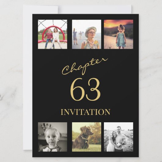 大人6枚フォトブラックと金ゴールド任意の年齢の誕生日 招待状 (正面)