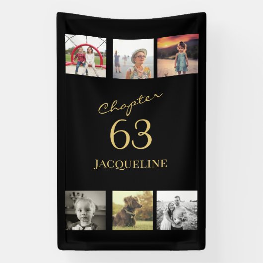 大人6枚フォトブラックと金ゴールド任意の年齢の誕生日 横断幕 (縦)