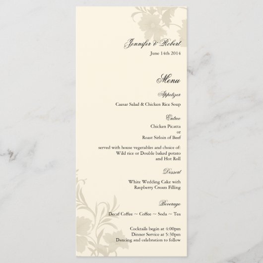 大使館フローラベージュ色結婚Creme's Menu Card メニュー (正面)