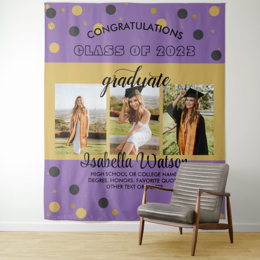 大写真卒業パーティーPurpleGold背景 タペストリー (インサイチュ)