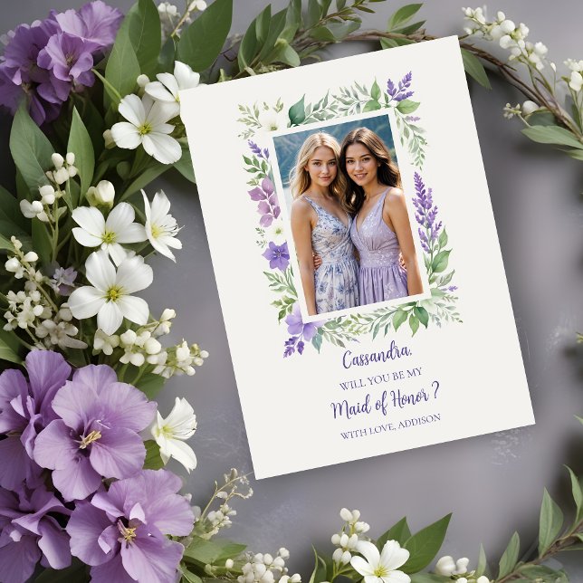 大切なフローラフレームの花嫁の写真の提案 (Cherish Cute Floral Frame Bridesmaid Photo Proposal Card in Lavender Shades. )