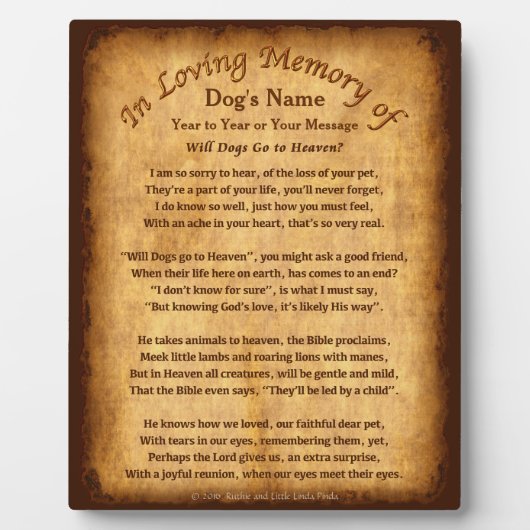 大切なペットを想う オーダーメイド「犬は天国に行くのか」詩のプレート フォトプラーク (正面)