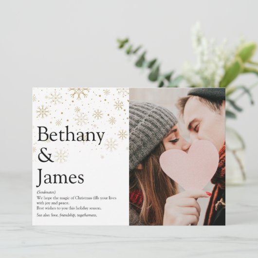 大切な人と過ごすクリスマスの定義をゴールドの雪の結晶があしらわれた写真で シーズンカード (スタンド正面)