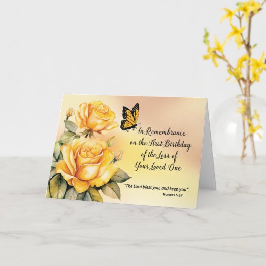 大切な人を偲ぶ 初めての誕生日 宗教的なローズ カード (黄色い花)