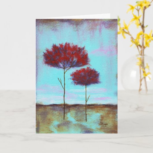 大切な抽象芸術アート風景赤い木 カード (黄色い花)