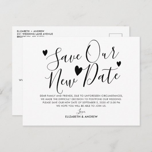 大切な新しい日程を守ろう 心からのウェディング 延期のお知らせ 案内ポストカード (正面/裏面)