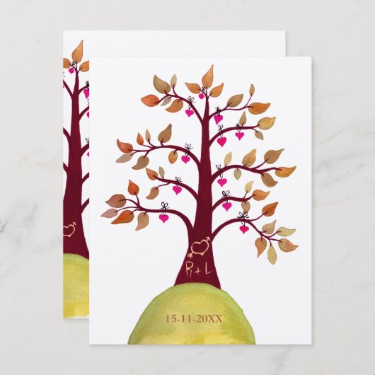 大切な日をお知らせ 秋の結婚式 木彫りの招待状 セーブザデート (正面/裏面)