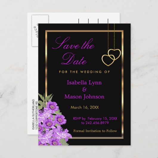 大切な日をセーブ - エレガントな紫の花のウェディング 案内ポストカード (正面/裏面)