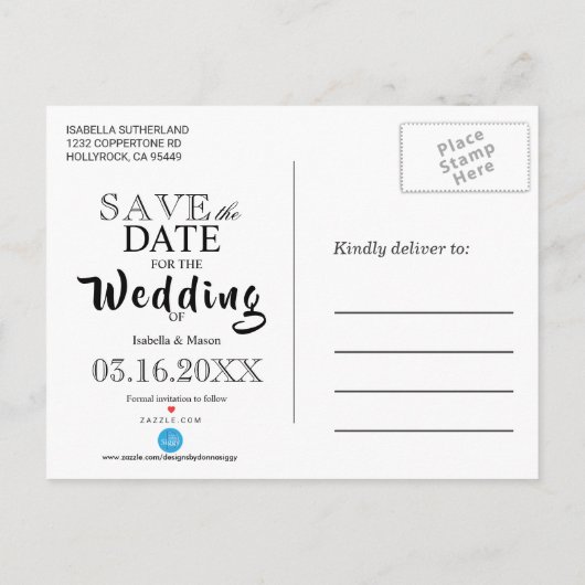 大切な日をセーブ - エレガントな紫の花のウェディング 案内ポストカード (裏面)