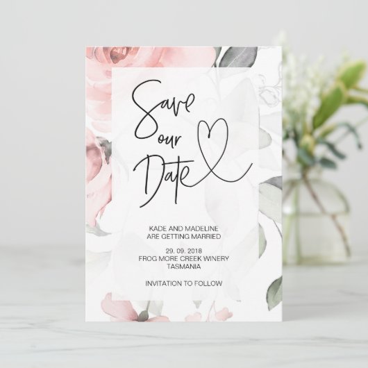 大切な日を予告 かわいいピンクの花 エレガントなウェディング 招待状 (スタンド正面)