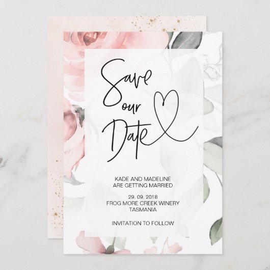 大切な日を予告 かわいいピンクの花 エレガントな結婚式 招待状 (正面/裏面)