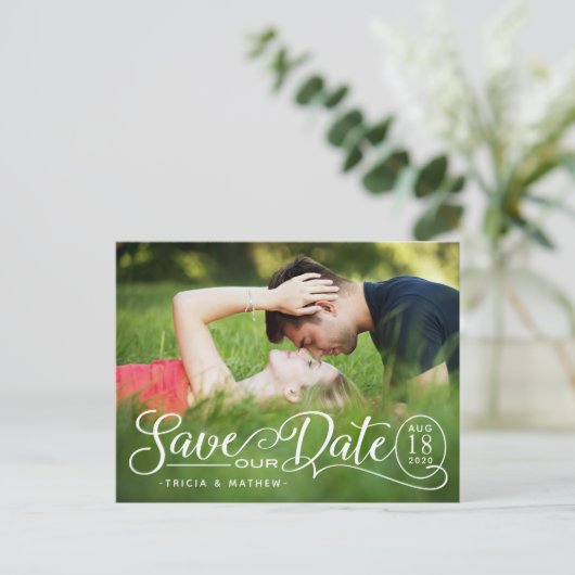 大切な日を保存しよう ウェディング | エレガントなスクリプト フォトカード ポストカード (スタンド正面)
