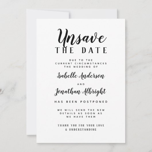 大切な日を延期します 結婚式の日程変更のお詫び 招待状 (正面)