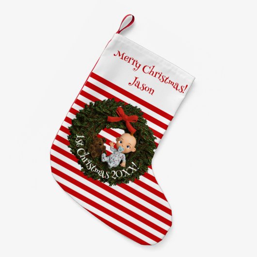 大切な瞬間男の赤ちゃんの第1クリスマス スモールクリスマスストッキング (正面 (吊り時))