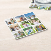 大切な瞬間：カスタマイズ可能な9枚の写真コラージュ スクエアペーパーコースター (アングル)