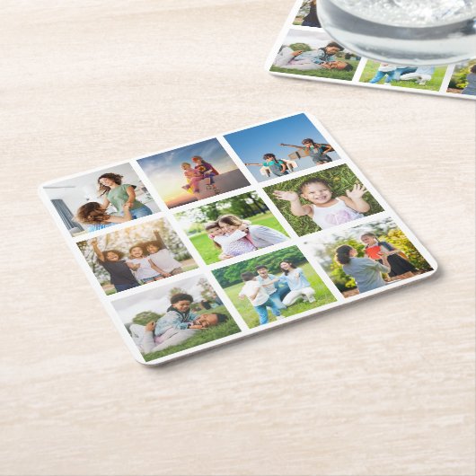 大切な瞬間：カスタマイズ可能な9枚の写真コラージュ スクエアペーパーコースター (アングル)