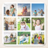 大切な瞬間：カスタマイズ可能な9枚の写真コラージュ スクエアペーパーコースター (正面)