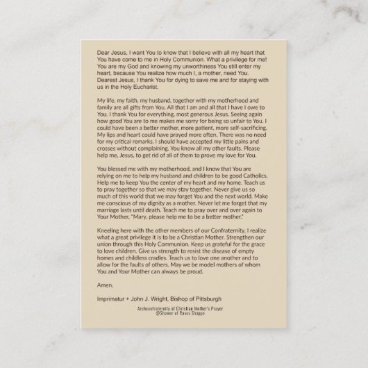 大切な血St.ガートルードの祈りの言葉の神聖なカード 名刺 (裏面)