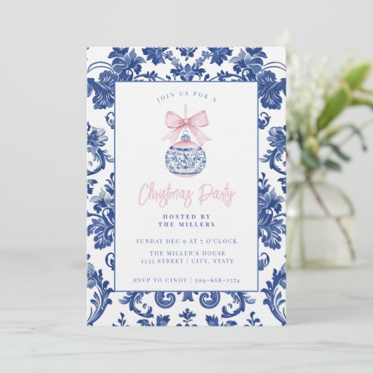 大千年のダマスククリスマスの飾り付き弓 招待状 (スタンド正面)