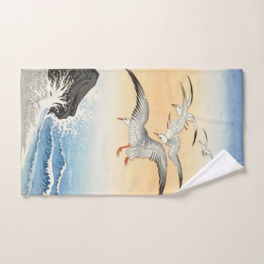 大原小村の荒れ狂う海の上の五つのカモメ バスタオルセット (ハンドタオル)