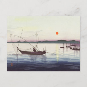 大原小村絵画によるボートと夕日 ポストカード