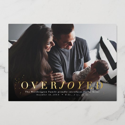 大喜びのホイル休暇の写真誕生のお知らせ 箔シーズンカード (正面)