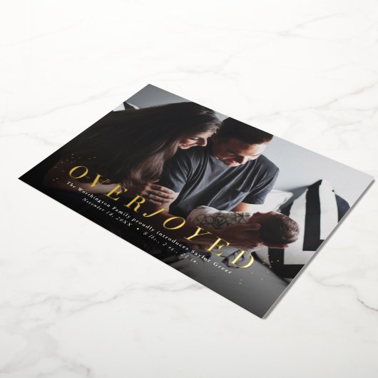 大喜びのホイル休暇の写真誕生のお知らせ 箔シーズンカード (回転した状態)