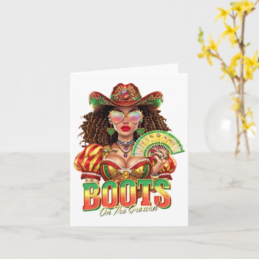 大地に足をつけてジューン・ティーンスの黒人カウガールウエスタン カード (黄色い花)