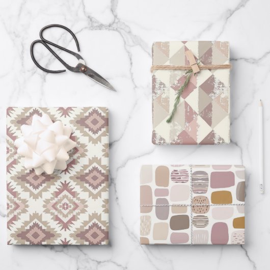 大地の色彩を纏った幾何学的なデザイン ラッピングペーパーシート (正面)