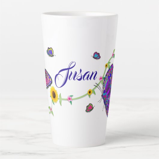 大型の美しい蝶と花ラテマグ カフェラテマグ (正面)