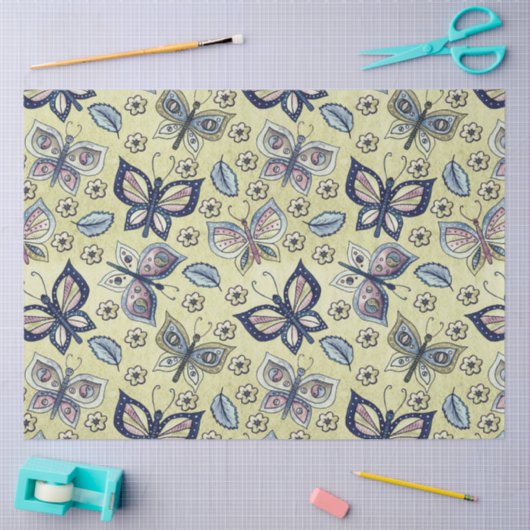 大型の青のシームレスな蝶のパターンの切り離し 薄葉紙 (クラフト)