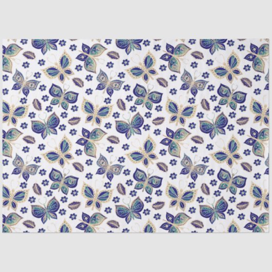 大型の青のシームレスな蝶のパターンの切り離し 薄葉紙 (正面)