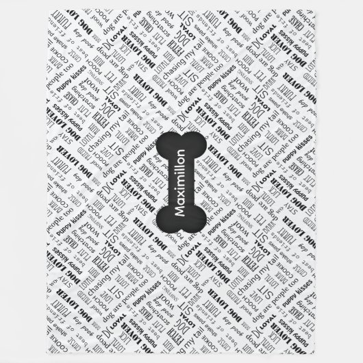 大型の骨および白黒単語の雲 フリースブランケット (正面)