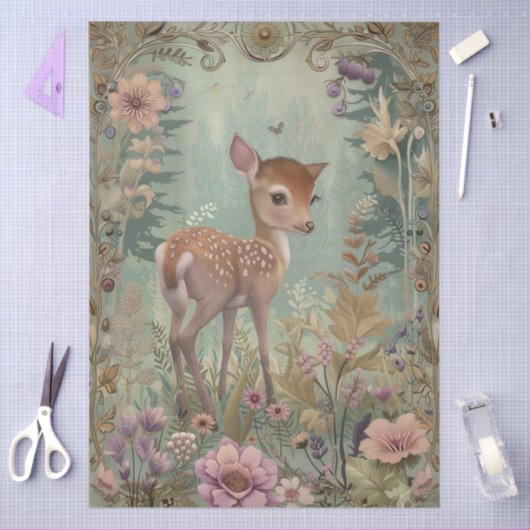 大型ウッドランド森林花模様トナカイの減退 薄葉紙 (クラフト)