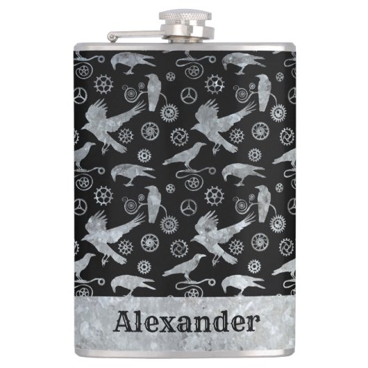 大型スチームパンク銀亜鉛ギアとカラスカスタム フラスク (正面)