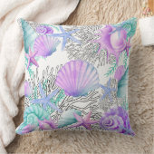 大型ピローパープルピンクティール(緑がかった色)とホワイトシーシェル クッション (ブランケット)