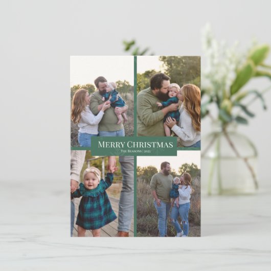 大型フォトグリッドグリーンスノーフレーククリスマスカード シーズンカード (スタンド正面)