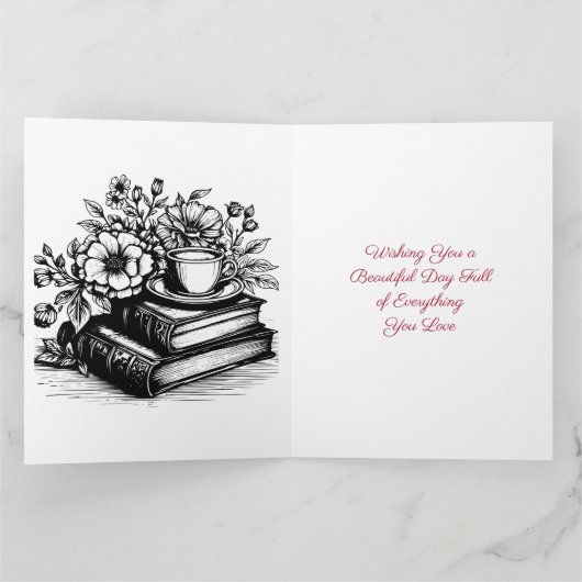 大型フローラヴィンテージ書籍とコーヒー誕生日 カード (内部)