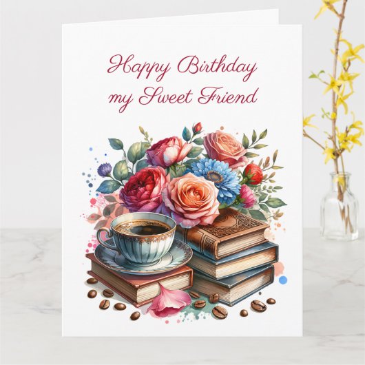大型フローラヴィンテージ書籍とコーヒー誕生日 カード (黄色い花)
