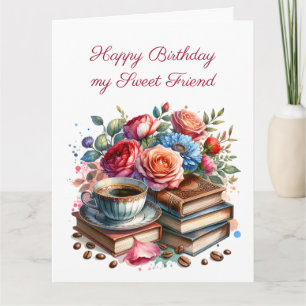 大型フローラヴィンテージ書籍とコーヒー誕生日 カード