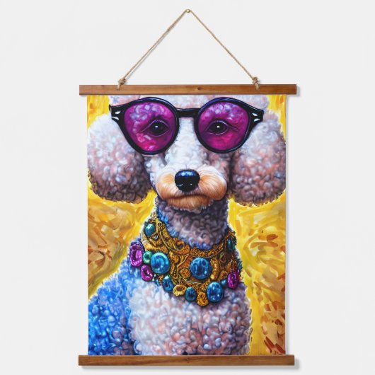 大型メガネをかけているプードル犬 吊り下げ型タペストリー (正面)