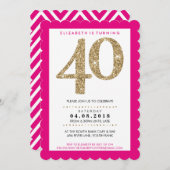 大型年齢番号40はっきりした金ゴールドグリッター鮮やかなピンク 招待状 (正面/裏面)