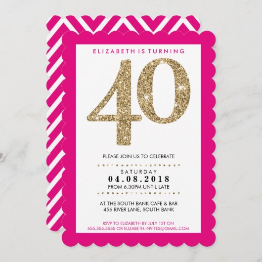 大型年齢番号40はっきりした金ゴールドグリッター鮮やかなピンク 招待状 (正面/裏面)