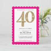 大型年齢番号40はっきりした金ゴールドグリッター鮮やかなピンク 招待状 (スタンド正面)