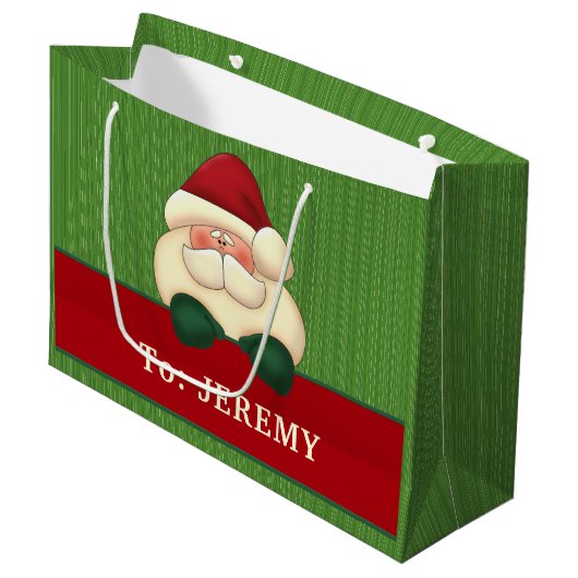 大型緑色のストライプとレッドサンタカスタム ラージペーパーバッグ (正面アングル)