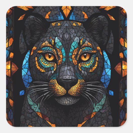 大型黒猫モザイクのステンドグラス効果 スクエアシール (正面)