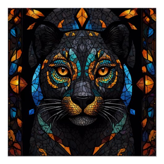 大型黒猫モザイクのステンドグラス効果 ポスター (正面)