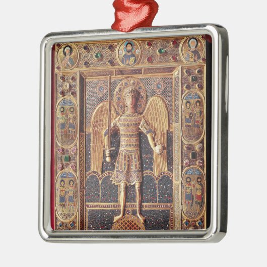 大天使ミハエルを描写するエナメルを塗られたプラク メタルオーナメント (左)