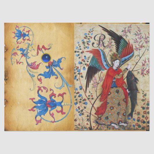 大天使ラファエル及び魚ブルーフローラ羊皮紙 薄葉紙 (正面)