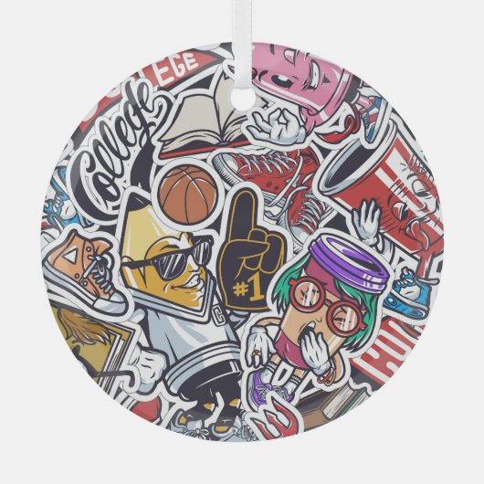 大学おもしろい、カラフルヴィンテージパターン ガラスオーナメント (正面)